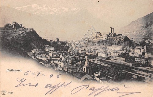 Cartolina Bellinzona panorama con ferrovia 1906