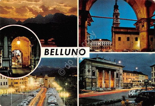 Cartolina Belluno 5 vedute notturno