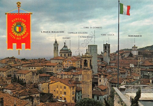 Cartolina Bergamo città Alta gruppo monumentale stendardo città anni '80