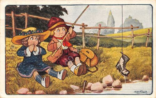 Cartolina Bertiglia illustrata bambini con canna da pesca 1929