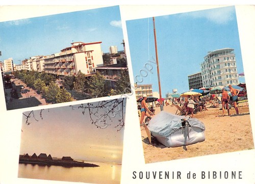 Cartolina Bibione vedute varie spiaggia edifici tramonto (Venezia)