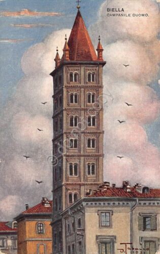 Cartolina Biella Campanile Duomo illustrata 1931