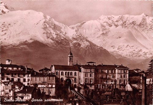 Cartolina Biella Piazzo panorama parziale 1949