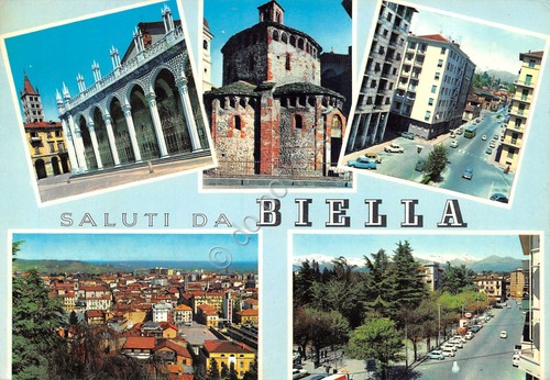 Cartolina Biella vedute città e via Distributore ESSO 1965