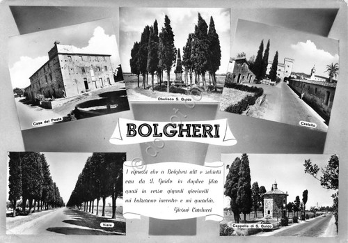 Cartolina Bolgheri vedute varie paese e poesia Carducci 1969