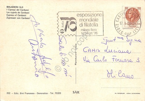 Cartolina Bolghieri Timbro a targhetta Esposizione mondiale filatelia 1976