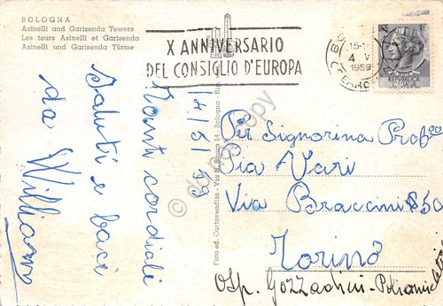 Cartolina Bologna Asinelli Garisenda timbro a targhetta Consiglio d'Europa '59
