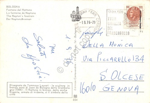 Cartolina Bologna Fontana Nettuno Timbro a targhetta XVIII Giornata francobollo