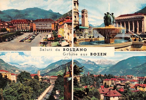 Cartolina Bolzano vedute varie città Saluti da Piazza Walter viale …