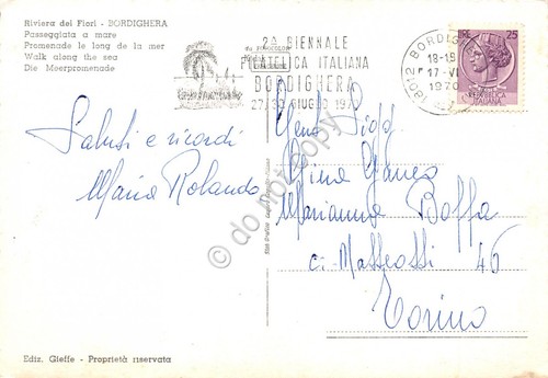 Cartolina Bordighera passeggiata Timbro a targhetta Biennale filatelica Bordighe