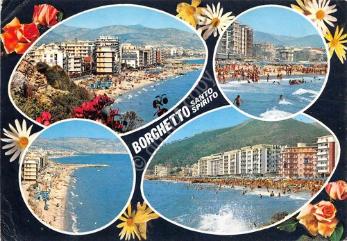 Cartolina Borghetto Santo Spirito vedute varie spiaggia e fiori 1977
