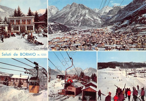 Cartolina Bormio vedute panorama seggiovia cabinovia skilift sciatori 1968