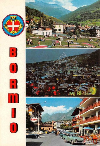Cartolina Bormio vedute varie Distributore Esso minigolf