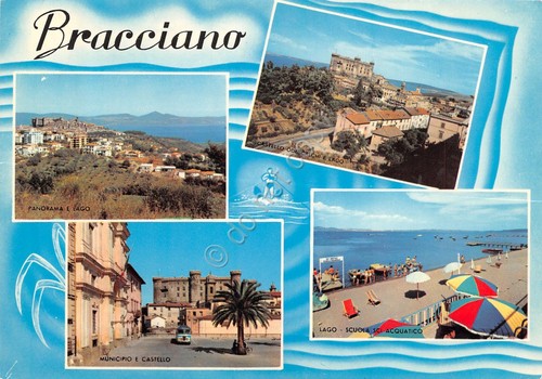 Cartolina Bracciano vedute varie grafica Municipio Lago panorama Castello 1968
