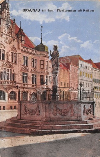 Cartolina Braunau am Inn Fischbrunnen mit Rathaus