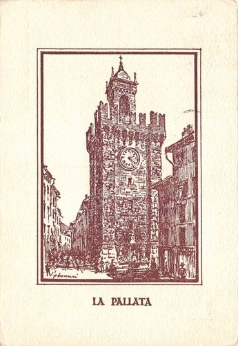Cartolina Brescia Torre La Pallata illustrata 1954 timbro Mostra delle …