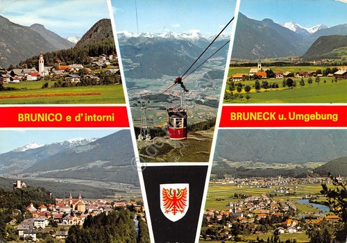 Cartolina Brunico vedute varie funivia stemma