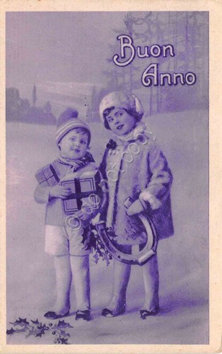 Cartolina Buon Anno bambini ferro di cavallo doni 1933