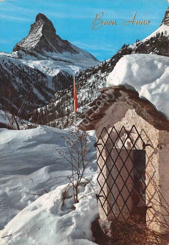 Cartolina Buon Anno da montagna con neve e montagne 1956