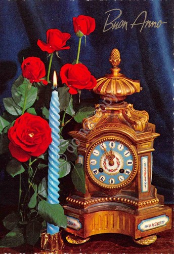 Cartolina Buon Anno orologio antico rose Ed Cecami 4685