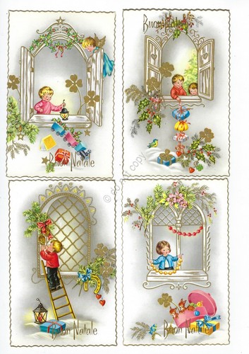 Cartolina Buon Natale 6 cartoline bordo oro quadrifoglio bimbi Vintage