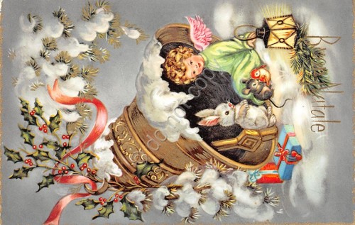 Cartolina Buon Natale al contrario campana bambino agrifoglio bordo oro