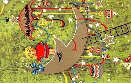 Cartolina Buon Natale bambina su spicchio di luna addobbi Natalizi …