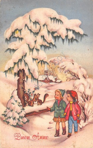 Cartolina Buon Natale bambini neve scoiattoli illustrata