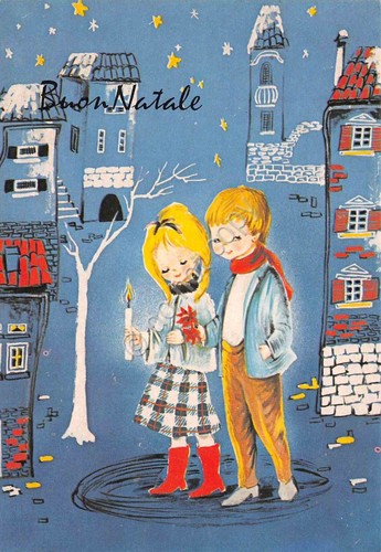 Cartolina Buon Natale coppia di ragazzi con candela stile francese