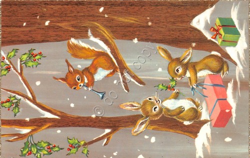 Cartolina Buon Natale scoiattoli agrifoglio neve doni bordo oro