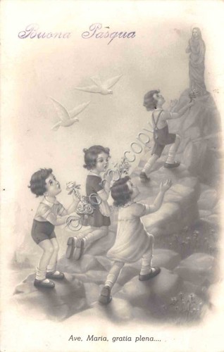 Cartolina Buona Pasqua Bambini Madonna Colombe 1947