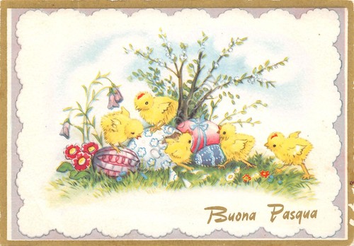 Cartolina Buona Pasqua fiori uova colorate pulcini