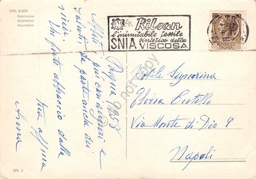 Cartolina Buona Pasqua timbro a targhetta Snia Viscosa 1958