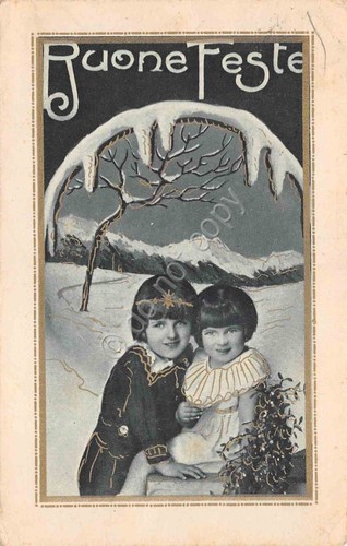 Cartolina Buone Feste bambini neve bordo oro 1933