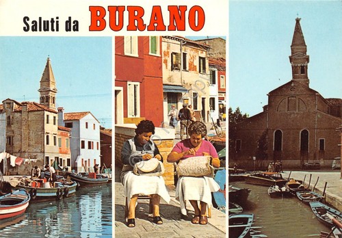 Cartolina Burano 3 vedute merlettaie