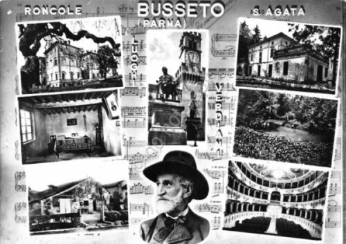 Cartolina Busseto Roncole S. Agata Verdi vedute e spartito (Parma)