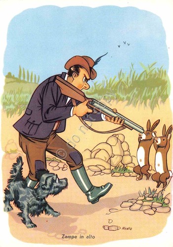 Cartolina Cacciatore e conigli Illustrata Nino ed Garami
