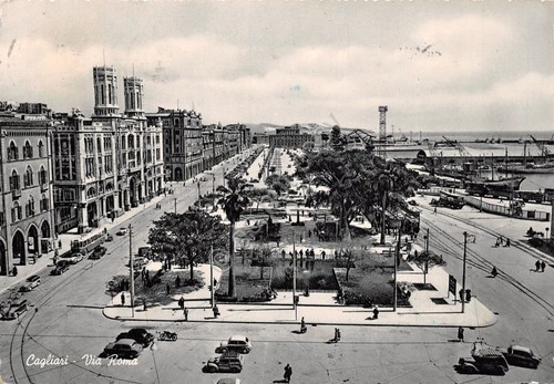 Cartolina Cagliari Via Roma 1955 auto bus