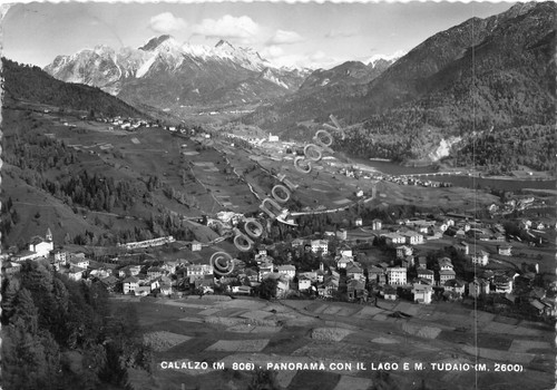 Cartolina Calalzo panorama con lago e Monte Tudaio 1951