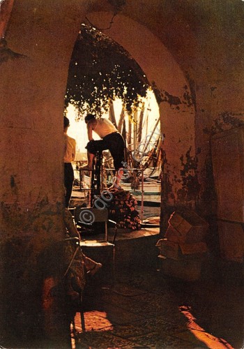 Cartolina Camogli scorcio da arco con artigiani o pescatori animata …