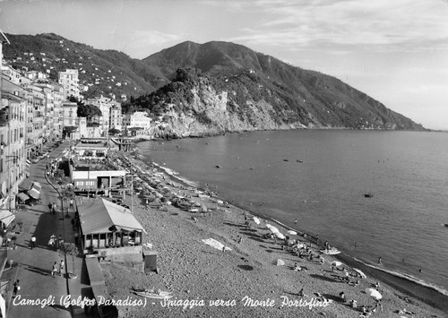 Cartolina Camogli Spiaggia verso Monte Portofino 1957