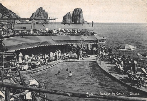 Cartolina Capri Canzone del mare Piscina animata 1955