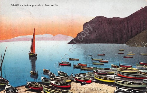 Cartolina Capri Marina Grande Tramonto illustrata 1929