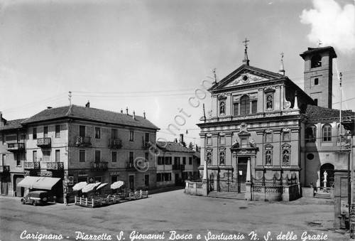 Cartolina Carignano Piazzetta S.Giovanni Bosco e Santuario Bar Tabacchi '70