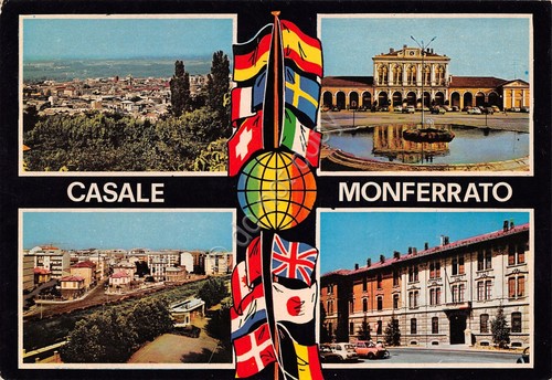 Cartolina Casale Monferrato vedute e bandiere (Vercelli)
