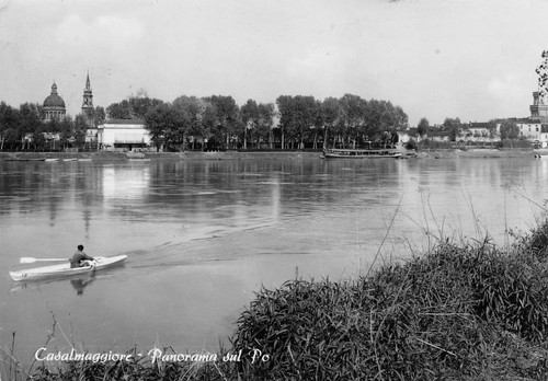 Cartolina Casalmaggiore Panorama su Po barca a remi 1960