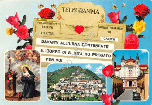Cartolina Cascia Santa Rita vedute telegramma 1974 (Perugia)