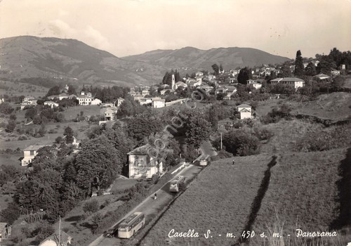 Cartolina Casella Scrivia panorama strada bus 1963