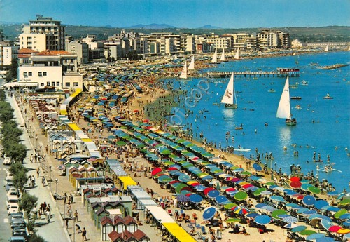 Cartolina Cattolica lungomare stabilimenti spiaggia alberghi anni '80