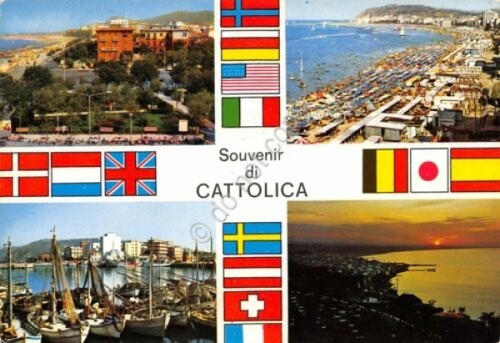 Cartolina Cattolica vedute varie e bandiere 1968 timbro targhetta stradale